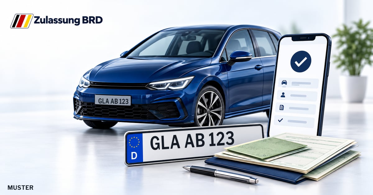 Online Fahrzeugzulassung in Gladbeck: Musterkennzeichen GLA AB 123, Auto und Fahrzeugpapiere und Smartphone. Illustration mit Logo von Zulassung BRD.